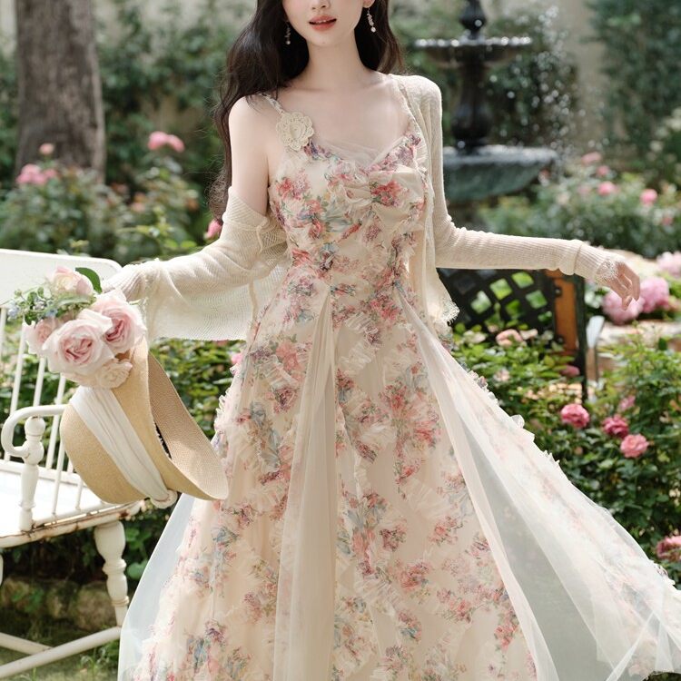 法式绝美浪漫碎花吊带洋