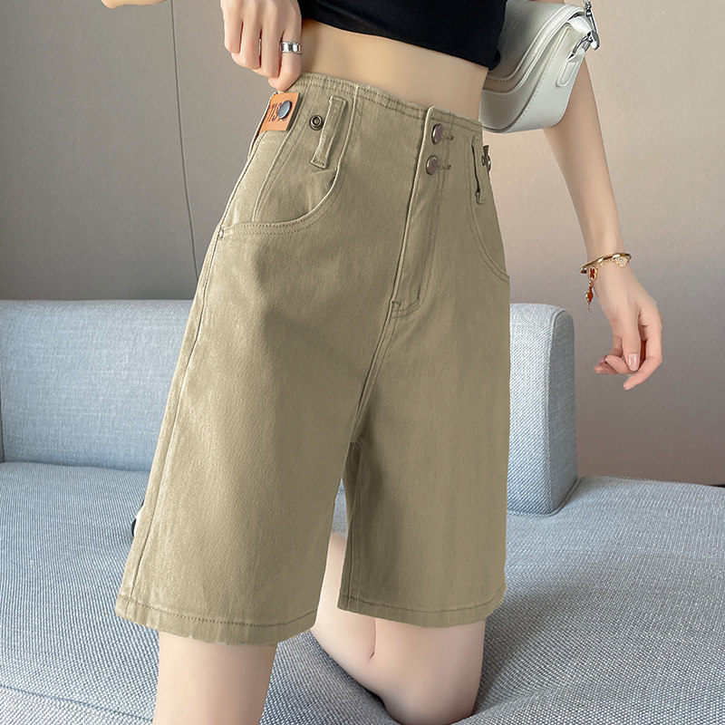 卡其色直筒牛仔短裤女宽