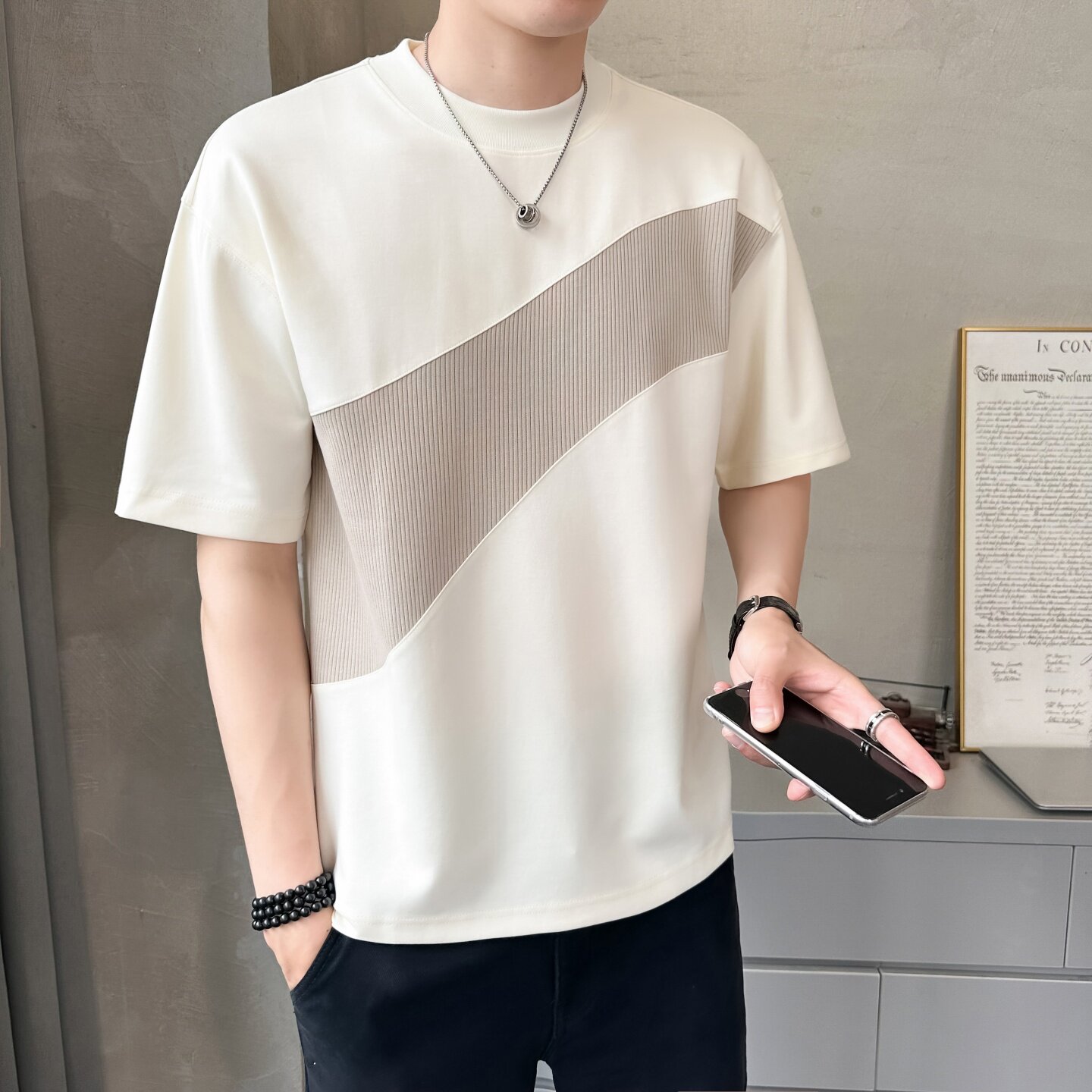 重磅撞色拼接短袖男士202