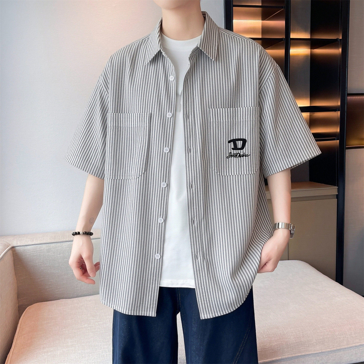 条纹短袖衬衫男夏季2026