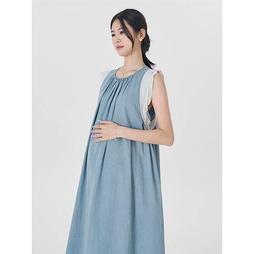 孕妇装夏季宽松法式高级感小个子连衣裙2024新款夏款蕾丝纯棉裙子