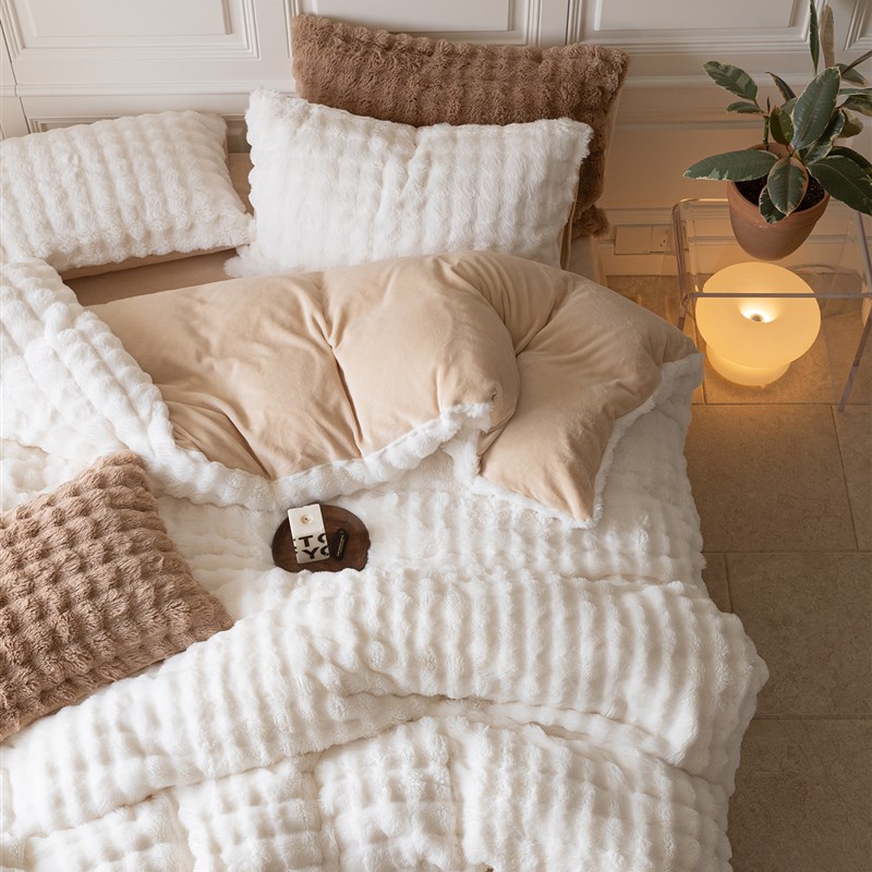 高级感加厚牛g奶绒兔毛绒雕花提花三四件套 冬季保暖床单被套床品