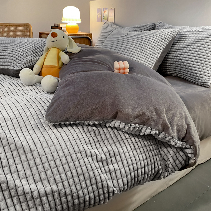 冬季简约加厚牛奶绒剪花床上四件套宿舍双面珊瑚绒被套.法兰绒床