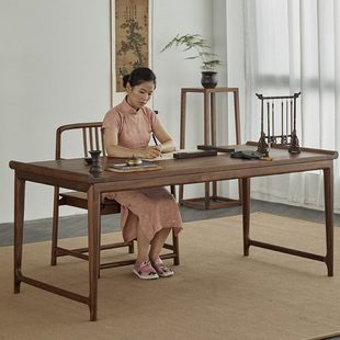 新中式书桌禅意北美黑胡桃木明式全实木写字台仿古办公画案书法桌