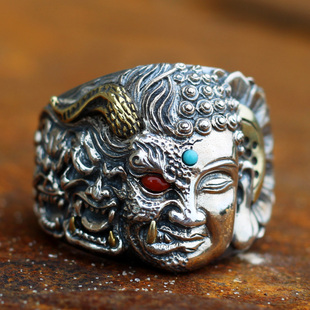 手工纯银佛魔一念之间戒指男款复古霸气半魔半佛银指环个性银戒指