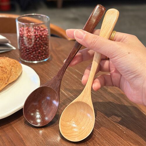 短柄吃饭勺!日式木头勺子木质小圆勺家用实木汤勺喝粥勺汤匙调羹