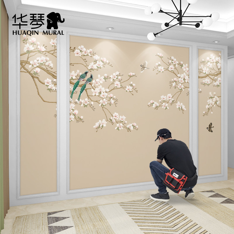 现代新中式花鸟电视背景墙壁纸 美式客厅影视墙 卧室壁画墙纸墙布,家装主材,定制壁画,淘宝优惠券,粉丝福利购,淘宝优惠卷
