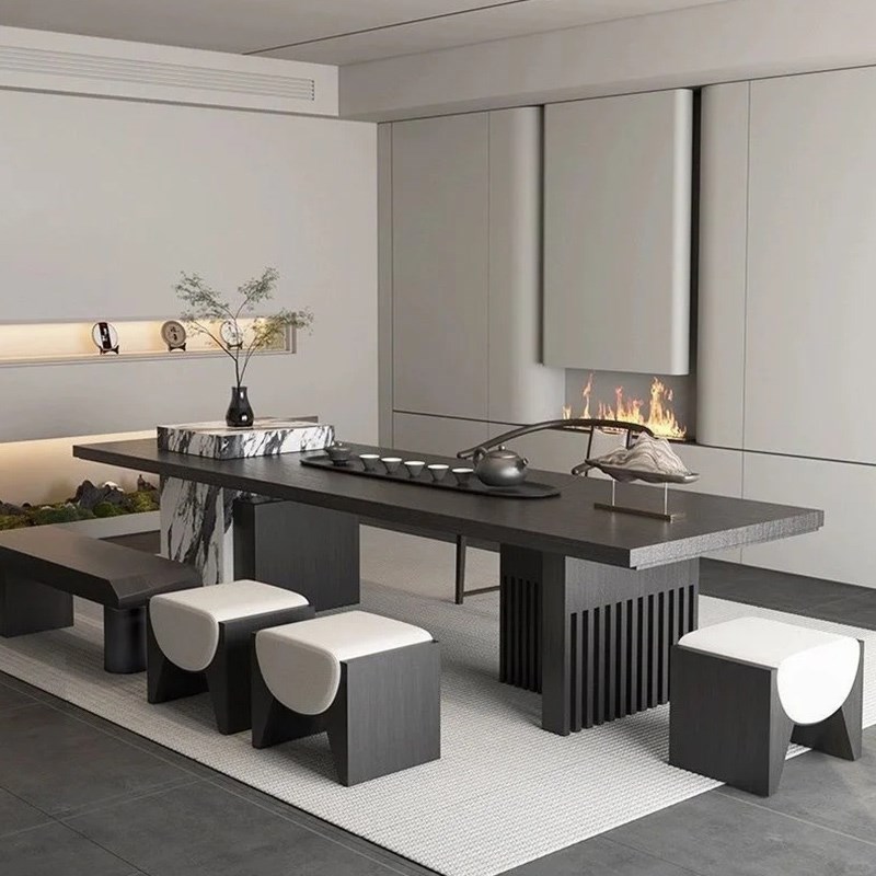 新中式茶桌椅组合现代轻奢x岩板泡茶台家用办公室功夫接待茶几