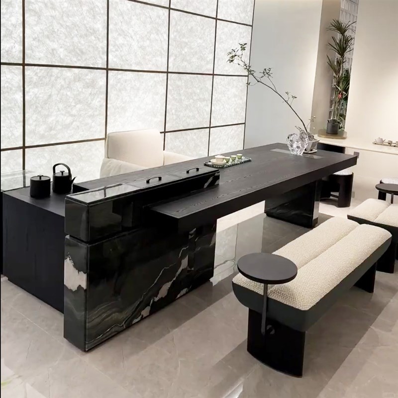 新中式北美黑胡桃实木岩板茶桌椅组合现代L简约轻奢会客功夫泡茶