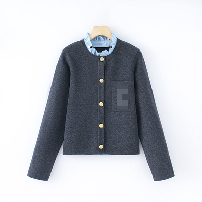 【甜甜粉丝专享】深灰短款外套浅蓝翻领金色纽扣简约通勤风259216