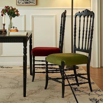 法式实木餐椅家用设计师绒软包凳子中古风复古高级感网红靠背椅子