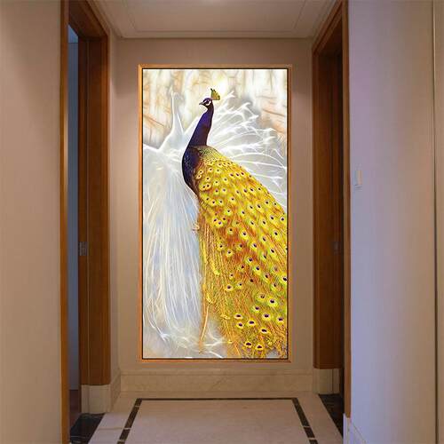 新中式金色孔雀玄关画入户走廊客厅挂画竖版吉祥鸟油画装饰画壁画