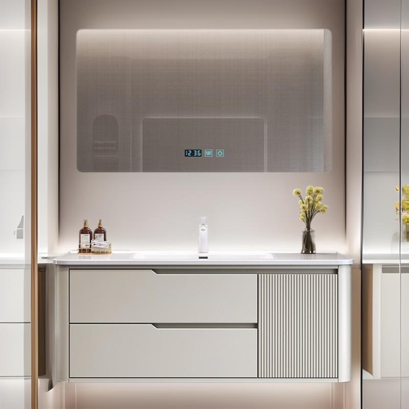 奶油风橡木烤漆圆角浴室柜简约现代陶瓷一体盆洗手洗漱台收纳柜