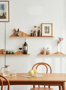 墙上隔板榉木免打孔置物架电视墙面床头装饰搁板客厅艺术壁挂