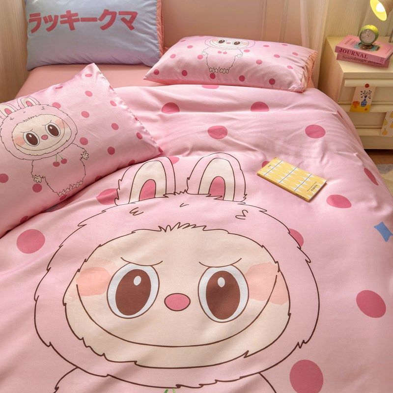 布丁兔可爱卡通水洗真丝四件套夏季冰丝床单被套床笠款学生宿舍,床上用品,床品套件/四件套/多件套,淘宝优惠券,粉丝福利购,淘宝优惠卷