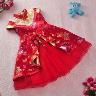 女童装大裙摆亮片旗袍纱裙子女孩生日唐装礼服新年演出表演服古装