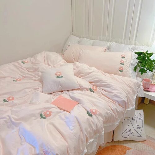 小清新床上四件套公主风花边被套纯棉全棉床单式床笠款少女心床品