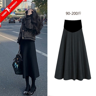 孕妇裙大码200斤秋冬春装高端宽松半身裙托腹长款a字伞裙黑色半裙