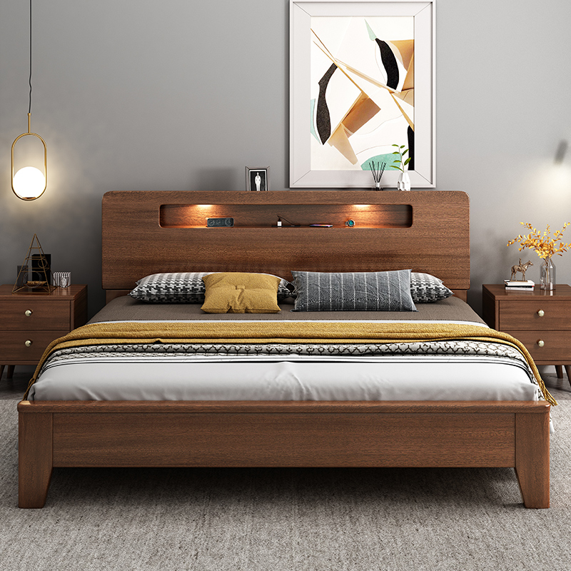 胡桃木北欧实木床1.o8米双人主卧1.5轻奢现代简约多功能储物高箱