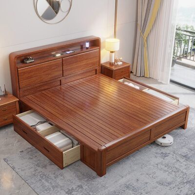 胡桃木床现代简约实木床双人全实木床架储物1.5米1.8中式