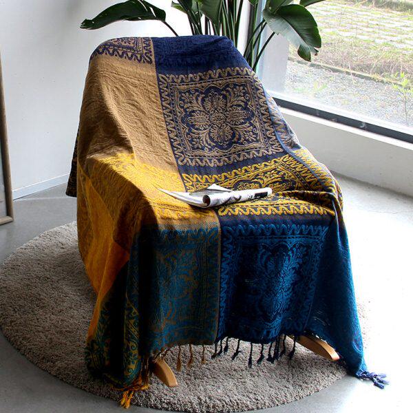 现代简约沙发套空调毯深蓝黄布艺时尚防滑全盖沙发巾沙发垫毯子