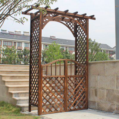 户外庭院碳化防腐实木拱门花园装饰门葡萄架网格爬藤花架子栅栏门