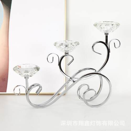 欧式创意三头水晶烛台烛光晚餐婚庆家居摆件电镀金色铁艺烛台摆件