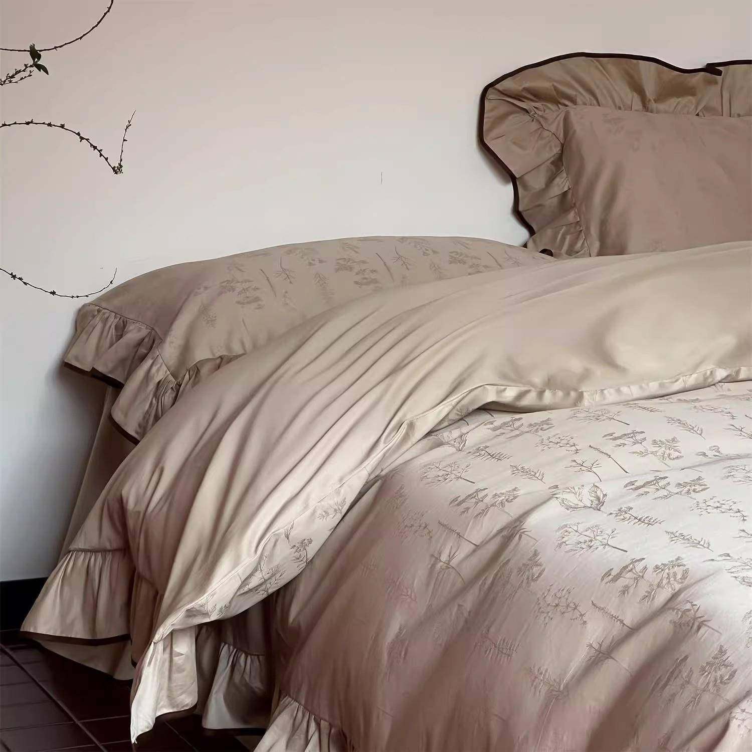 法式复古轻奢全棉50支提花贡缎长绒棉四件套田园风花卉荷叶边被套
