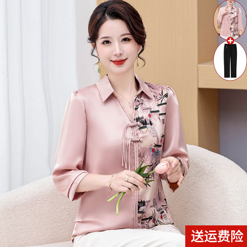 妈妈春装洋派上衣2025新款中老年女装夏装雪纺小衬衫时尚两件式套