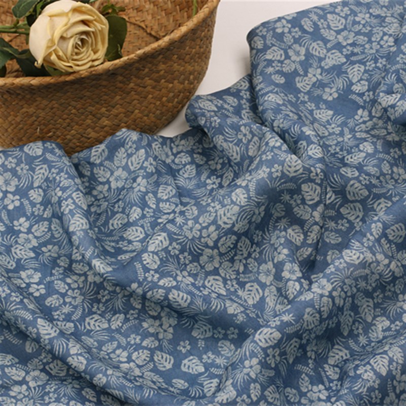 青花瓷。凉爽古典风印花棉布连衣裙旗汉服袍子衬衫面料纯苎麻布料