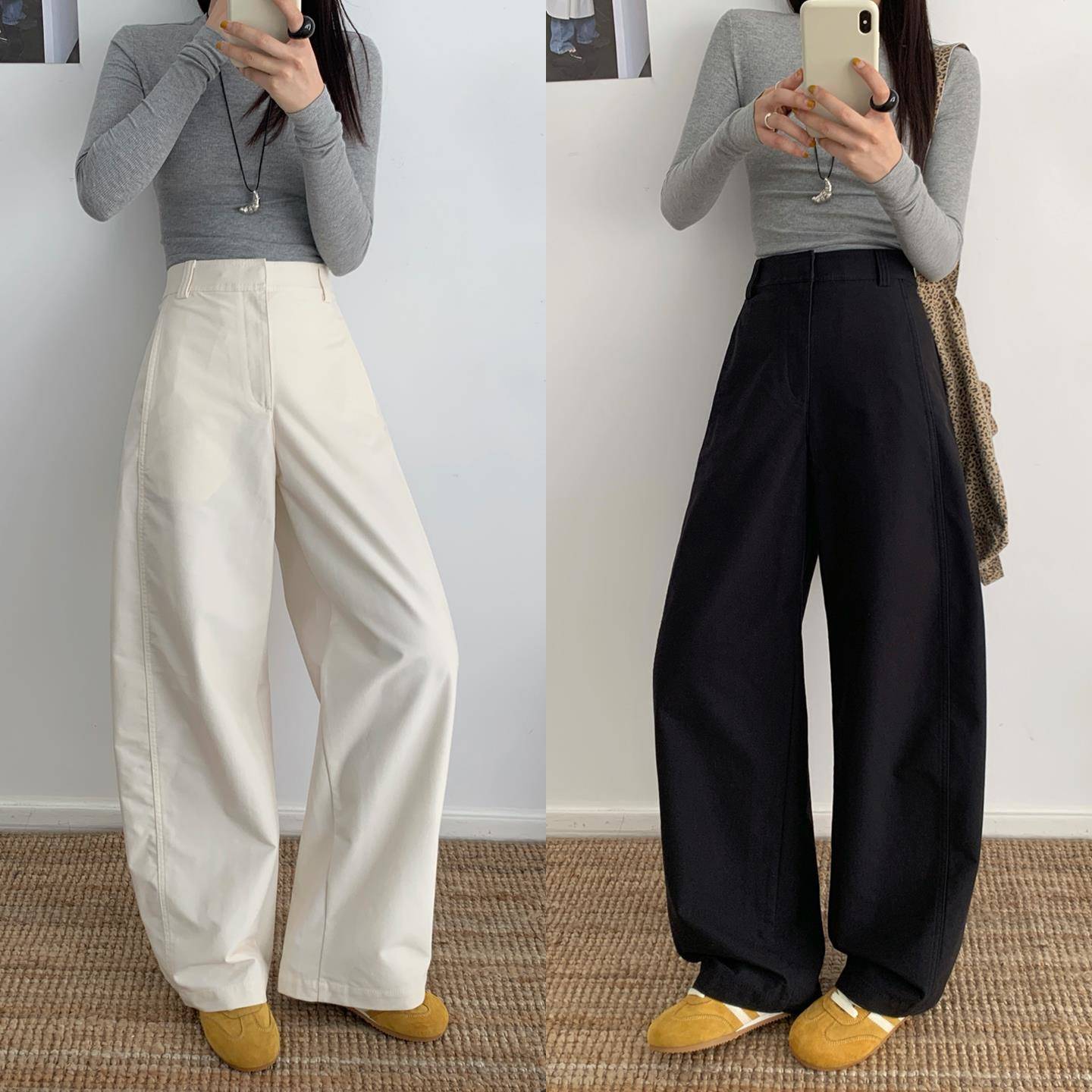 黑色弯刀裤女春秋白色工装裤高腰休闲阔腿西装裤卡其色香蕉镰刀裤