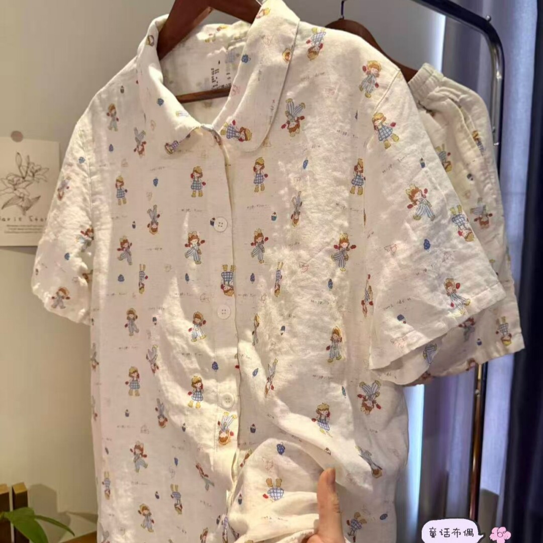 夏天上新~日系慵懒风娃娃领短袖短裤睡衣A类全棉双层纱家居服卡通