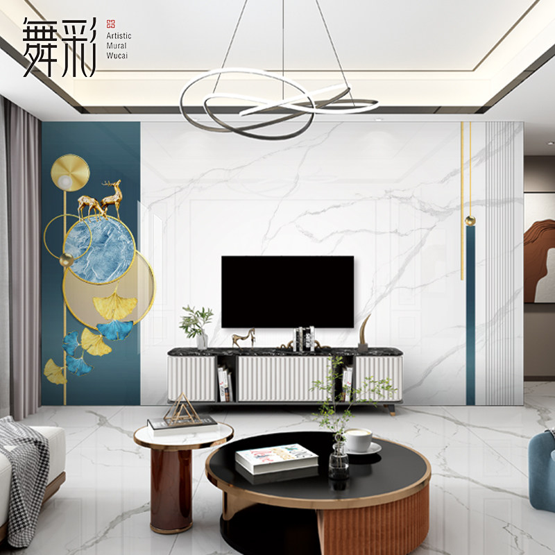 电视背景墙壁纸现代简约墙纸清新北欧壁画客厅福鹿壁布大理石墙布,家装主材,定制壁画,淘宝优惠券,粉丝福利购,淘宝优惠卷
