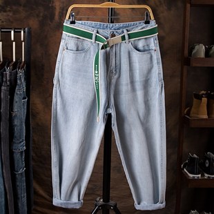 胖子宽松老爹直筒裤 浅蓝色牛仔裤 百搭简约男裤 秋季 潮流 男九分裤