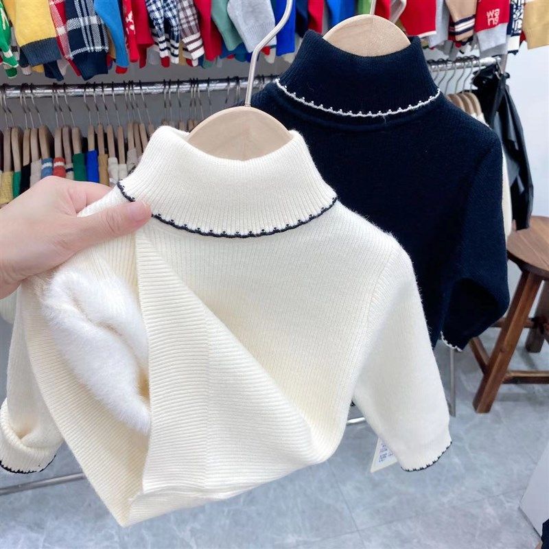 女童加绒毛衣一体绒冬季新款保暖白色打底衫儿童黑色高领童装洋气