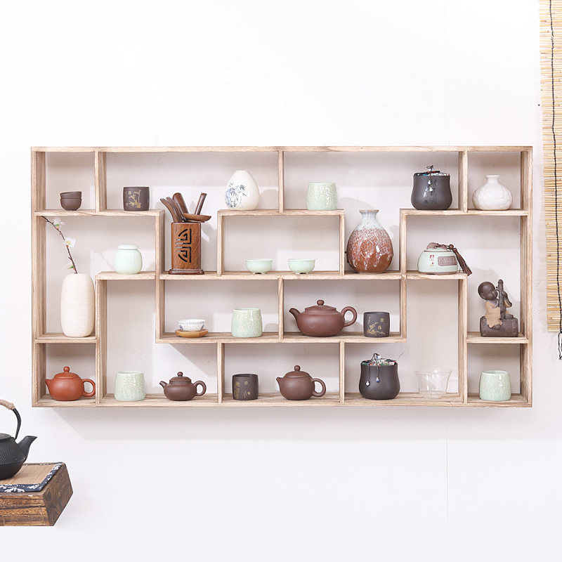 实木中式博古架壁挂式多宝阁置物架墙上茶具架客厅展示架紫砂壶架