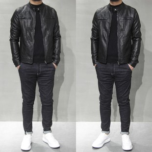 修身 立领皮夹克男韩版 PU皮外套青年帅气机车服加绒皮衣潮 新款 秋季