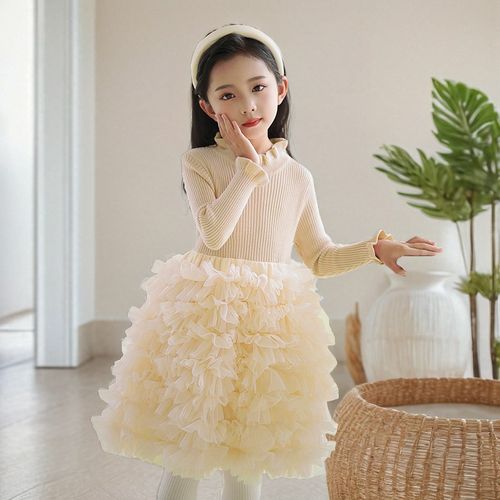 女童礼服2024新款秋冬季高贵奢华针织蓬蓬毛衣连衣裙女童装蛋糕裙