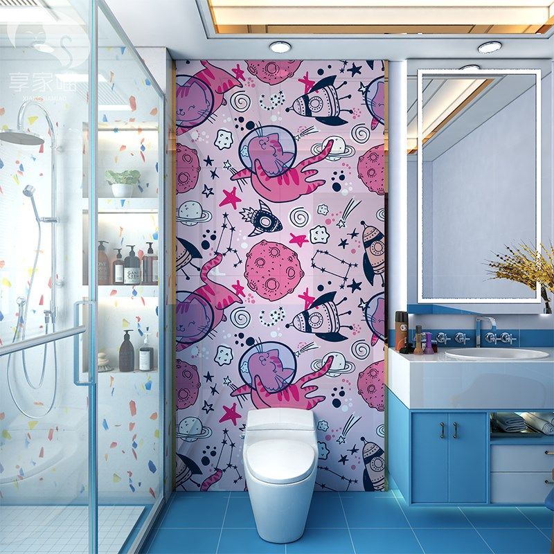 可爱猫咪粉色瓷砖浴室马桶背景卫生间厕所墙砖饭厅阳台岩板卡通画,家装主材,釉面砖,淘宝优惠券,粉丝福利购,淘宝优惠卷