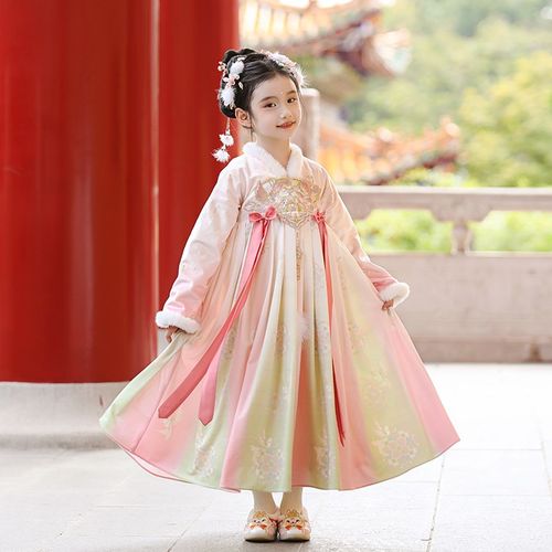 汉服女童秋冬2024新款儿童古风仙气加绒连衣裙女孩国风襦裙拜年服