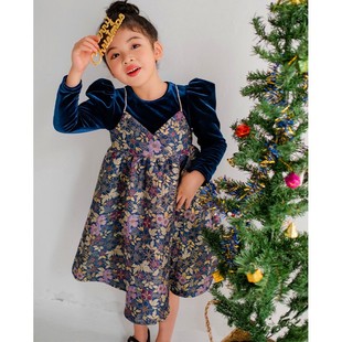 韩国女童连衣裙冬季加绒加厚洋气宫廷碎花儿童丝绒公主裙冬款礼服