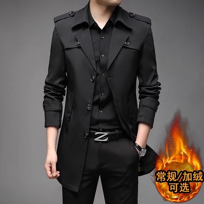 加绒秋冬棉服中长款风衣男士商务休闲披风外套西装领大衣加厚新品