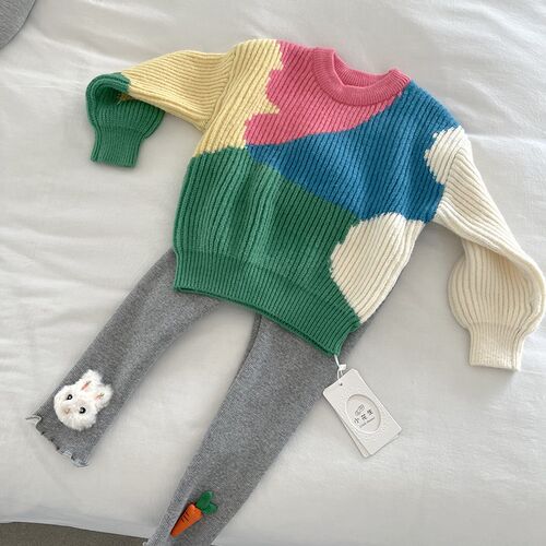 洋气可爱时尚撞色几何不规则拼接粗针毛衣毛线衫 女宝童装秋冬