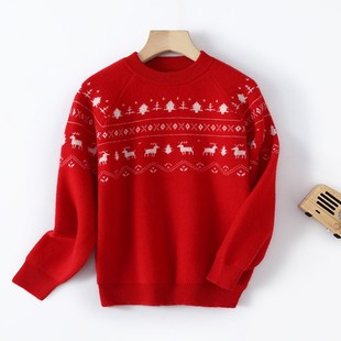 儿童加厚羊毛衫大红色秋冬季女童羊绒毛衣圣诞男童插肩针织打底衫