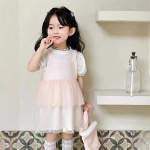 T恤女宝超仙网纱吊带纱裙套装 韩系中长款 连衣裙2024新款 女童夏季