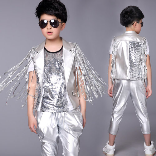 六一儿童节表演服男童架子鼓小学生模特走秀街舞亮片套装演出服夏
