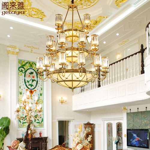 欧式别墅复式楼客厅灯大吊灯水晶灯 美式楼中楼挑空三层全铜灯具
