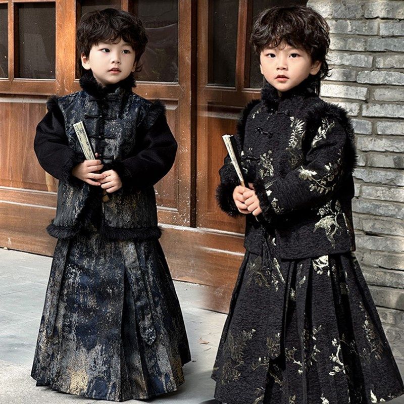 男童汉服新中式唐装冬季国风儿童羽绒服上衣马面裙套装过年拜年服