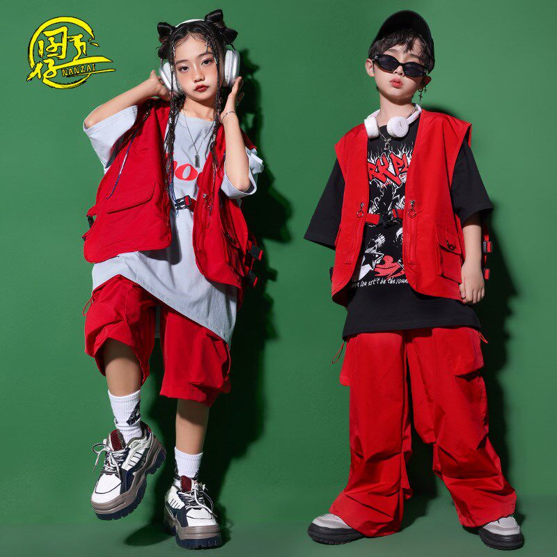 街舞儿童潮服演出服男童帅气工装马甲套装女童hiphop架子鼓表演服