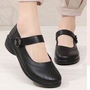 43妈妈方口皮鞋真皮软底软面老人奶奶拉带女鞋脚胖圆头大码单鞋42